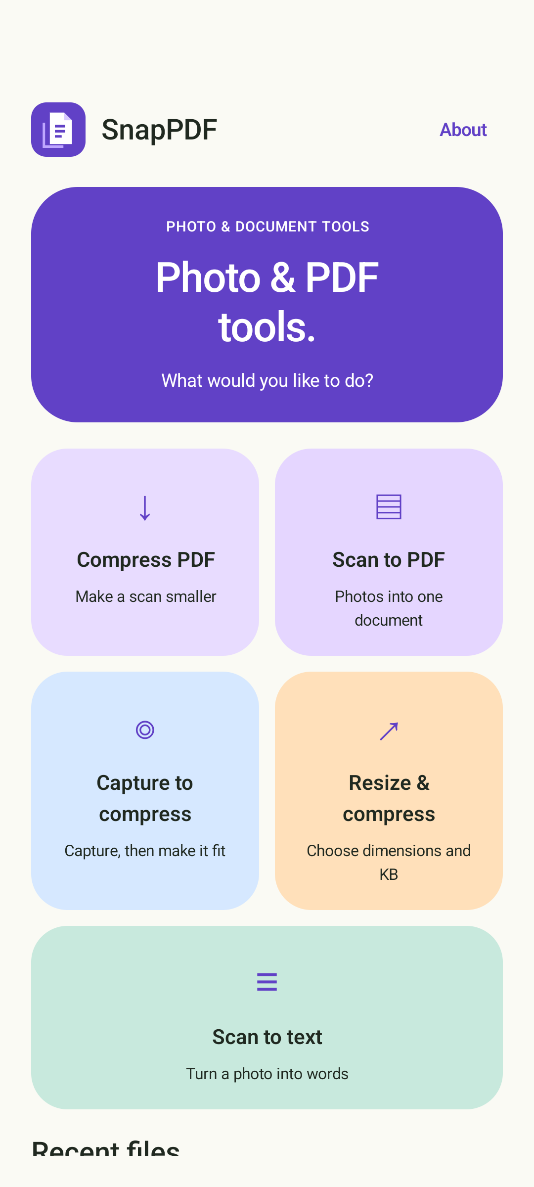 SnapPDF home screen with Compress PDF, Scan to PDF, Capture to compress, Resize and compress, and Scan to text tools