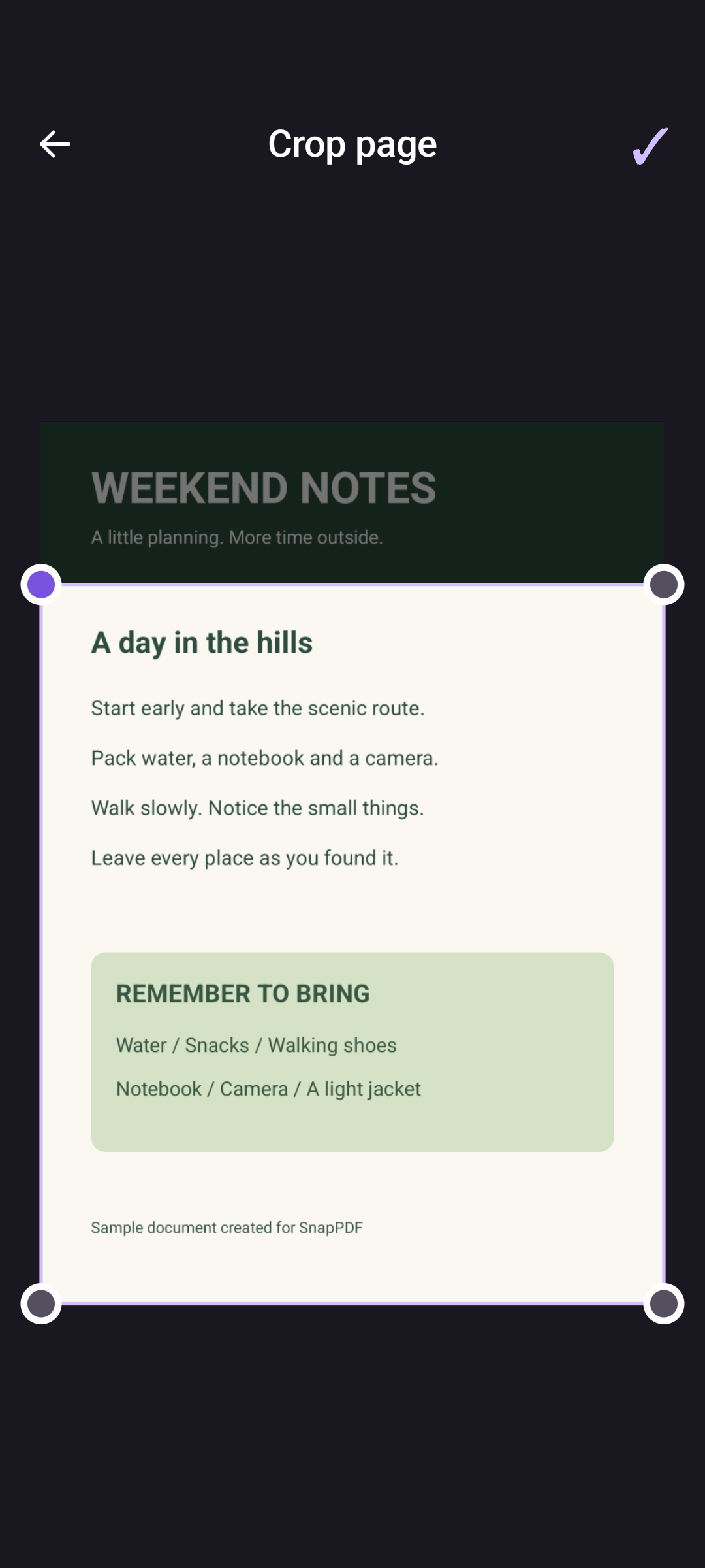 SnapPDF crop editor displaying a sample weekend notes document