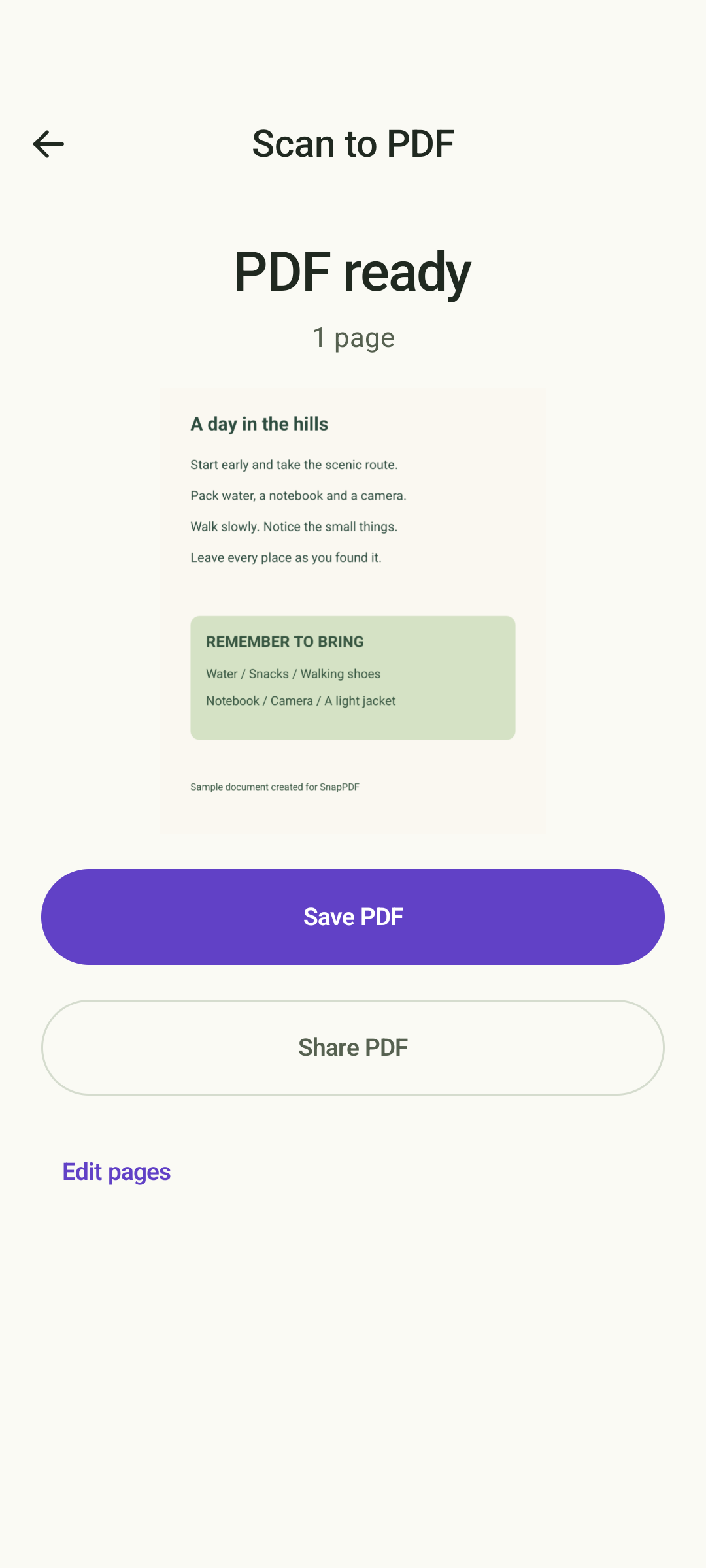 SnapPDF PDF ready screen with Save PDF and Share PDF controls