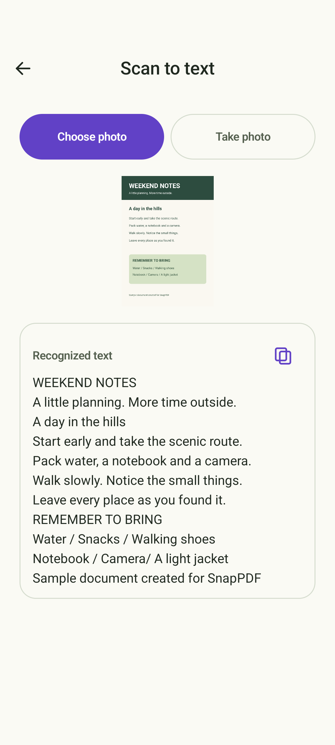 SnapPDF text recognition screen containing fictional weekend notes