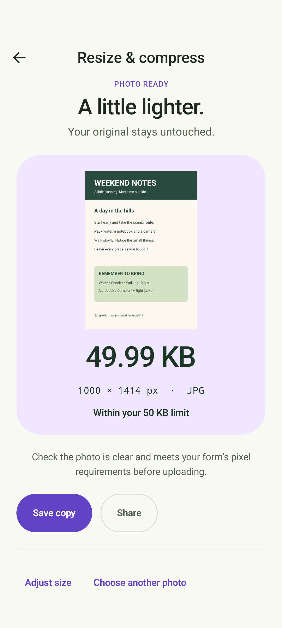 SnapPDF resized JPEG result showing its file size