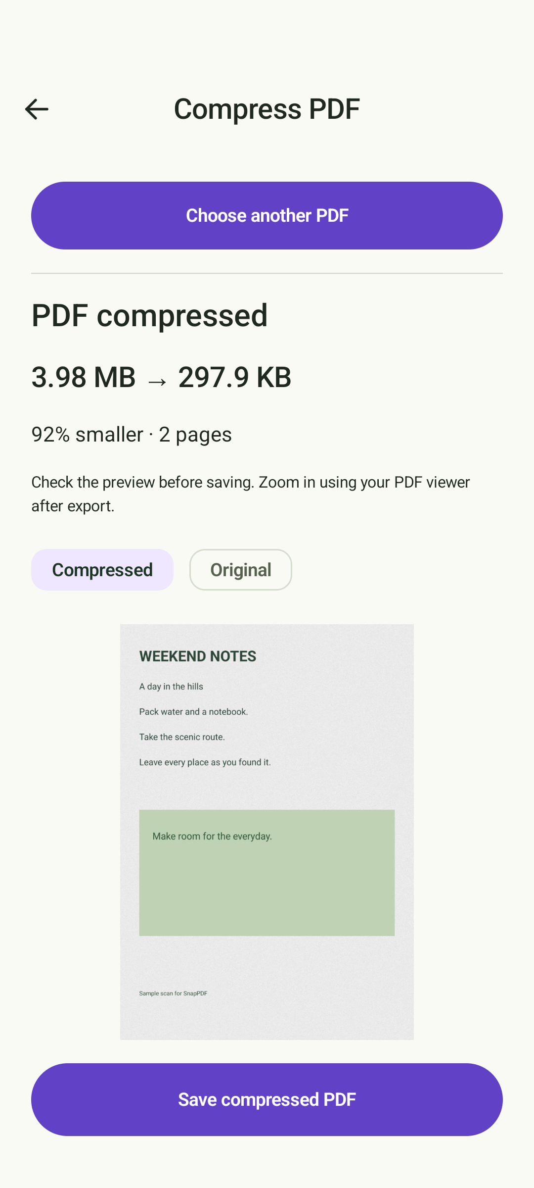 SnapPDF PDF compression result with actual original and output sizes